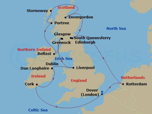 HAL Nieuw Statendam - 14 Night - Wild British Isles : Belfast Evening Stay - HAL Nieuw Statendam - Starting in Dover UK (London), England, Rotterdam, the Netherlands, South Queensf.. itinerary map