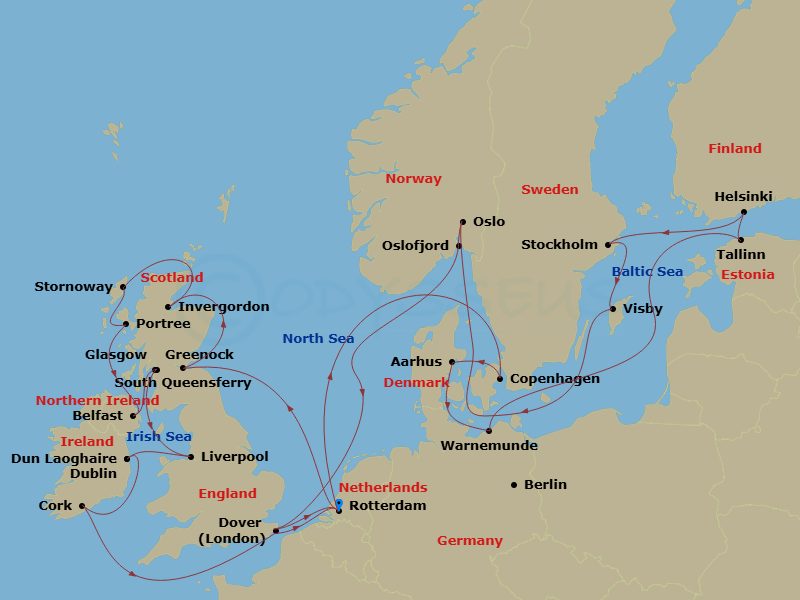 HAL Nieuw Statendam - 28 Night - Baltic Capitals & British Isles Collectors' Voyage - HAL Nieuw Statendam - Starting in Rotterdam, the Netherlands, Copenhagen, Denmark, Aarhus, Den.. itinerary map
