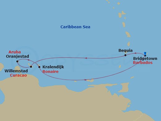 Silver Spirit - 7 Night - Bridgetown to Bridgetown - Silver Spirit - Starting in Bridgetown, Bequia, Willemstad AN, Curacao, Oranjestad, Aruba, Kralendijk, Bonaire, Bridgetown itinerary map