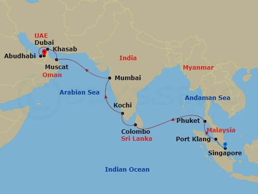 Oceania Vista - 16 Night - Ancient Spice Routes - Oceania Vista - Starting in Singapore, Kuala Lumpur (Port Klang), Phuket, Colombo, Cochin (Kochi), Mumbai, Muscat, Khasab, A.. itinerary map