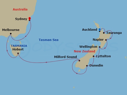 Oceania Riviera - 14 Night - Maori Heritage Route - Oceania Riviera - Starting in Auckland, Rotorua (Tauranga), Napier, Wellington, Christchurch (Lyttelton), Dunedin, Cruising.. itinerary map