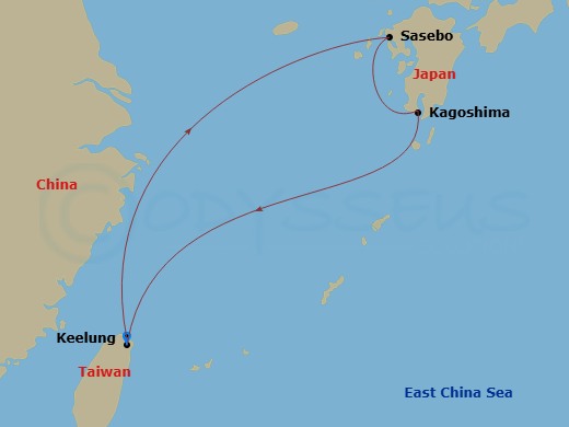 Costa Serena - 5 Night - Far East from Keelung Taiwan - Costa Serena - Starting in Keelung, Taiwan, Sasebo, Japan, Kagoshima, Keelung, Taiwan itinerary map