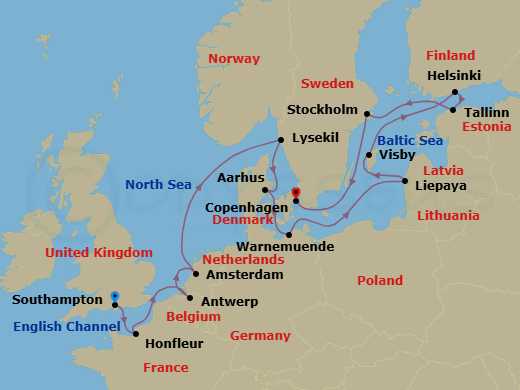 18 Night - Scandinavian Serenade - Seven Seas Mariner - Starting in London (Southampton), Paris (Honfleur), Antwerp, Amsterdam, Cruising the North Sea, Lysekil, Aarhus, Berlin (Warnemunde), Cruising the Baltic Sea, Liepaja, Visby, Sweden, Helsinki, Tallinn, Stockholm, Cruising the Baltic Sea, Copenhagen itinerary map