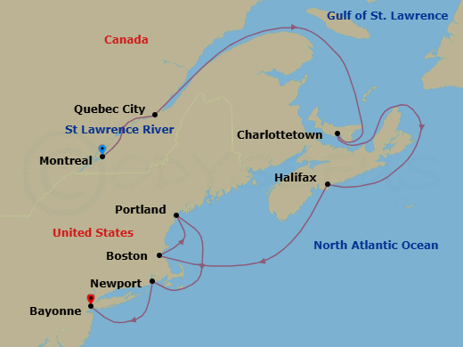 11 Night - Montreal to Bayonne - Silver Shadow - Starting in Montreal, Quebec City, Charlottetown, Prince Edward Island, Halifax, Nova Scotia, Boston, Massachusetts, Portland ME, Cape Cod Canal Transit (Canal Transit, Massachusetts), Newport, Rhode Island, Bayonne, New Jersey itinerary map