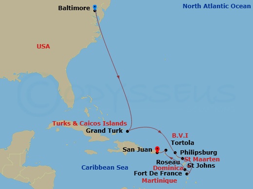 RCL Vision of the Seas - 10 Night - Baltimore to San Juan Cruise - RCL Vision of the Seas - Starting in Baltimore, Maryland, Grand Turk, Turks and Caicos, Philipsburg, St Maarten, Ros.. itinerary map