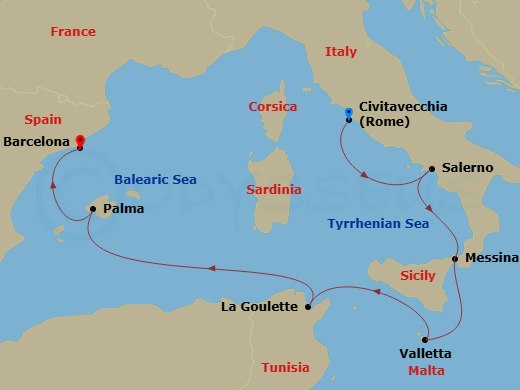 EXPLORA V - 7 Night - A Journey Through Fortresses, Medinas and Balearic Splendour - EXPLORA V - Starting in Civitavecchia (Rome), Salerno, Messina (Sicily), La Valletta,.. itinerary map