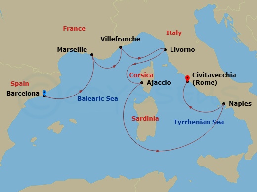 EXPLORA V - 7 Night - A Journey of New Year Festivities Through the Splendid Mediterranean - EXPLORA V - Starting in Barcelona, Marseille, Villefranche-Sur-Mer (Nice), Li.. itinerary map