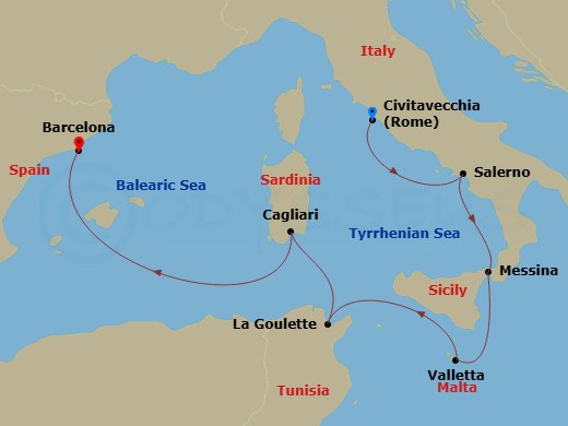 EXPLORA V - 7 Night - A Journey Through Italy's Rich Heritage to Catalan Elegance - EXPLORA V - Starting in Civitavecchia (Rome), Salerno, Messina (Sicily), La Valletta,.. itinerary map