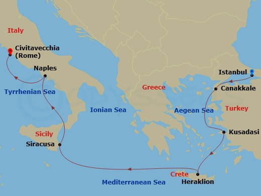 EXPLORA V - 7 Night - A Journey Through Istanbul's Cosmopolitan Vibrancy to Rome's Timeless Wonders - EXPLORA V - Starting in Istanbul, Canakkale, Kusadasi, Heraklion, Cr.. itinerary map