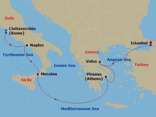 EXPLORA V - 7 Night - A Journey Through Italy's Timeless Wonders to Istanbul's Vibrant Soul - EXPLORA V - Starting in Civitavecchia (Rome), Port of Naples, Messina (Sicil.. itinerary map