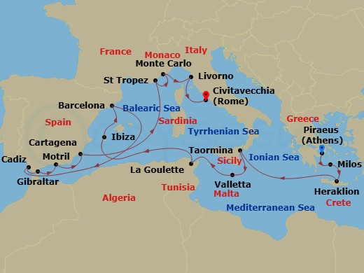 EXPLORA I - 19 Night - An Extended Journey of Mediterranean Marvels & Spirited Streets - EXPLORA I - Starting in Piraeus (Athens), Milos, Heraklion, Crete, Naxos (Taormin.. itinerary map