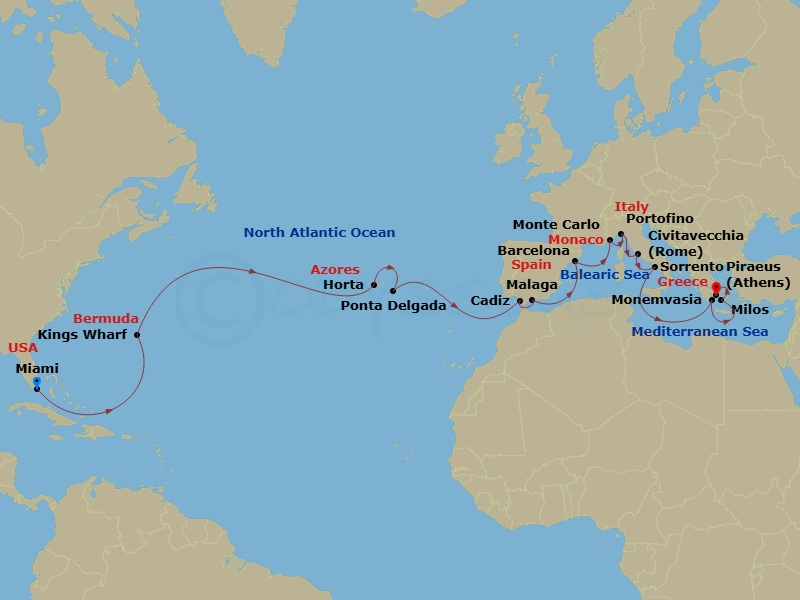 EXPLORA II - 25 Night - A Grand Journey Across the Ocean from Azure Dreams to the Legendary Shores - EXPLORA II - Starting in Miami, Kings Wharf, Horta, Ponta Delgada (Sao.. itinerary map