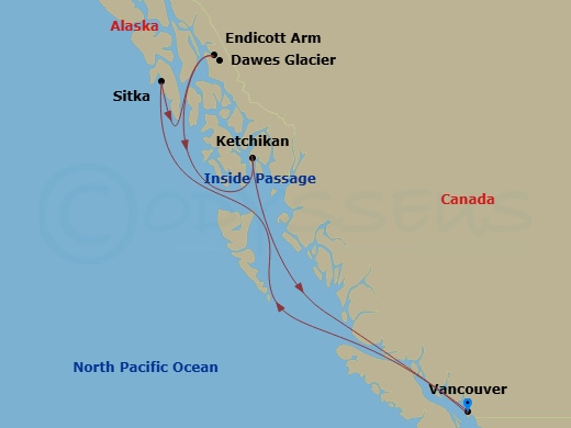 Celebrity Solstice - 7 Night - Alaska Explorer Cruise - Celebrity Solstice - Starting in Vancouver, British Columbia, Inside Passage (Cruising), Sitka, Alaska, Icy Strait Point, A.. itinerary map