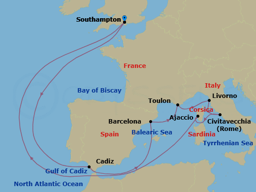 14 Night - Mediterranean Adventurer - Sky Princess - Starting in Southampton (for London), England, Seville (Cadiz), Spain, Barcelona, Spain, Toulon / Provence (La Seyne), France, Livorno (for Florence / Pisa), Italy, Civitavecchia (for Rome), Italy, Corsica (Ajaccio), France, Southampton (for London), England itinerary map