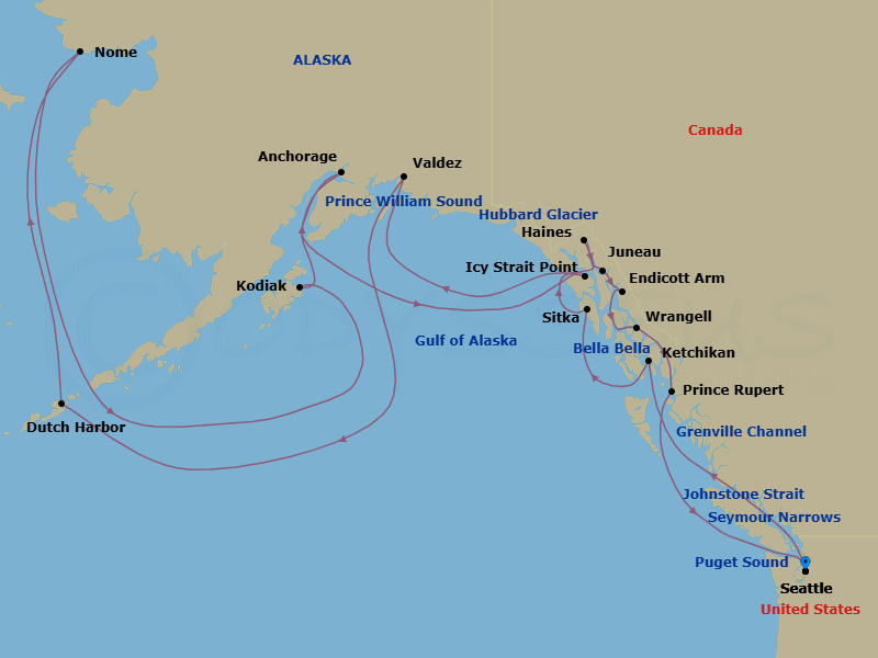 28 Night - Legendary Alaska Arctic Circle Solstice - Noordam - Starting in Seattle, Washington, Puget Sound, Transit the Seymour Narrows, Scenic cruising Johnstone Strait, Scenic cruising Bella Bella, Scenic cruising Grenville Channel, Scenic cruising Great Bear Rainforest, Ketchikan, Alaska, Sitka, Alaska, Icy Strait Point, Alaska, Cruising Hubbard Glacier, Cruising Prince William Sound, Valdez, Alaska, College Fjord, Cruising Prince William Sound, Dutch Harbor, Alaska, Crossing the Arctic Circle, Nome, Alaska, Kodiak, Alaska, Anchorage, Alaska, Glacier Bay, Haines (Skagway), Alaska, Juneau, Alaska, Scenic cruising Endicott Arm / Dawes Glacier, Wrangell, Alaska, Prince Rupert, British Columbia, Canada, Seattle, Washington itinerary map