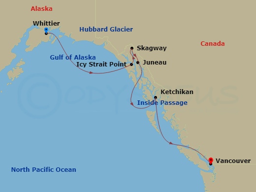 HAL Westerdam - 7 Night - Glacier Discovery Southbound - HAL Westerdam - Starting in Whittier, Alaska, Cruising Hubbard Glacier, Icy Strait Point, Alaska, Skagway, Alaska, Ju.. itinerary map