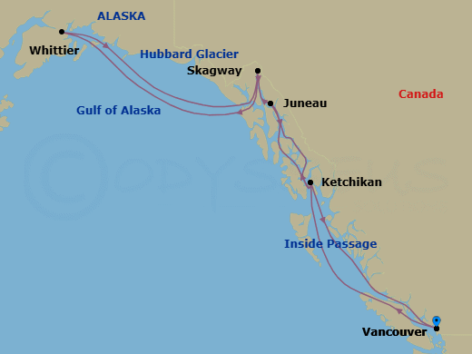 14 Night - Alaska Roundtrip Collectors' Voyage - Nieuw Amsterdam - Starting in Vancouver, BC, CA, Scenic Cruising the Inside Passage, Ketchikan, Alaska, Juneau, Alaska, Skagway, Alaska, Cruising Hubbard Glacier, College Fjord, Whittier, Alaska, Cruising Hubbard Glacier, Glacier Bay, Skagway, Alaska, Juneau, Alaska, Ketchikan, Alaska, Scenic Cruising the Inside Passage, Vancouver, BC, CA itinerary map