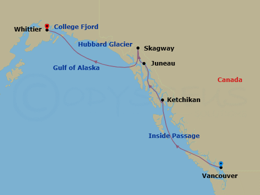 7 Night - Glacier Discovery Northbound - Nieuw Amsterdam - Starting in Vancouver, BC, CA, Scenic Cruising the Inside Passage, Ketchikan, Alaska, Juneau, Alaska, Skagway, Alaska, Cruising Hubbard Glacier, College Fjord, Whittier, Alaska itinerary map