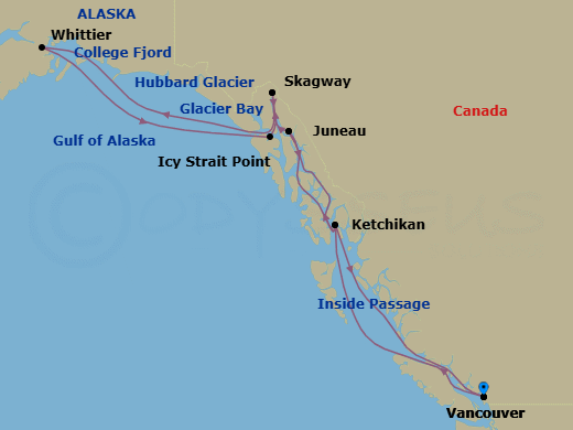 14 Night - Alaska Roundtrip Collectors' Voyage - Westerdam - Starting in Vancouver, BC, CA, Scenic Cruising the Inside Passage, Ketchikan, Alaska, Juneau, Alaska, Skagway, Alaska, Glacier Bay, College Fjord, Whittier, Alaska, Cruising Hubbard Glacier, Icy Strait Point, Alaska, Skagway, Alaska, Juneau, Alaska, Ketchikan, Alaska, Scenic Cruising the Inside Passage, Vancouver, BC, CA itinerary map