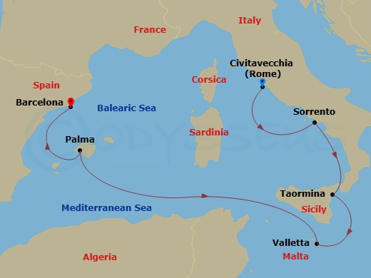 EXPLORA I - 6 Night - A Journey from the Eternal City to Catalan Shores - EXPLORA I - Starting in Civitavecchia (Rome), Sorrento, Naxos (Taormina), Sicily, La Valletta, P.. itinerary map