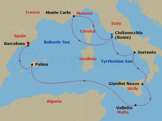 EXPLORA I - 13 Night - An Extended Journey to Mediterranean Icons and Formula 1 Celebrations - EXPLORA I - Starting in Civitavecchia (Rome), Monte Carlo, Civitavecchia (R.. itinerary map