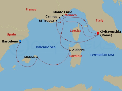 EXPLORA I - 13 Night - An Extended Journey of Splendid Coastlines & Formula 1 Action - EXPLORA I - Starting in Barcelona, Mahon (Menorca), Alghero (Sardinia), Cannes, Sai.. itinerary map