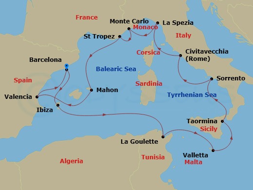 EXPLORA I - 14 Night - An Extended Journey of Sunlit Discovery & Timeless Wonder - EXPLORA I - Starting in Barcelona, Ibiza, Tunis / La Goulette, La Valletta, Naxos (Taor.. itinerary map
