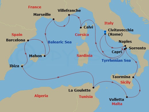 EXPLORA I - 14 Night - An Extended Journey of Spectacular Serenity, Mountain Views & Mythical Spirit - EXPLORA I - Starting in Civitavecchia (Rome), Port of Naples, Capri.. itinerary map