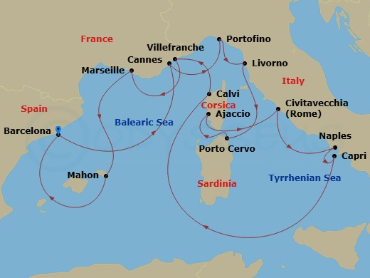 EXPLORA I - 14 Night - An Extended Journey of Historic Discovery & Bewitching Scenery - EXPLORA I - Starting in Barcelona, Cannes, Portofino, Livorno (Florence), Porto Ce.. itinerary map