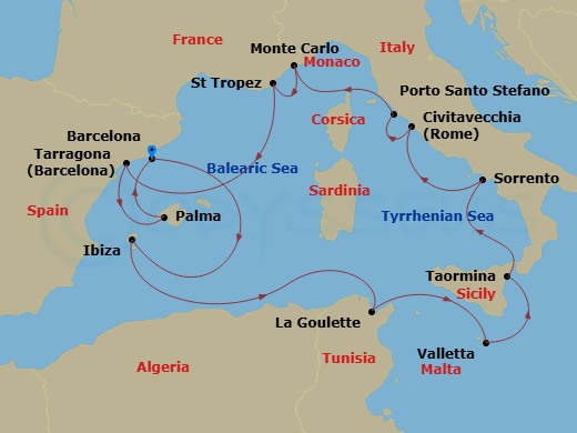 EXPLORA I - 14 Night - An Extended Journey from Cultural Gems to Riviera Magic & Balmy Beaches - EXPLORA I - Starting in Barcelona, Ibiza, Tunis / La Goulette, La Vallett.. itinerary map
