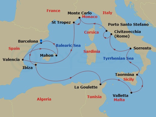 EXPLORA I - 14 Night - An Extended Voyage of Antique Treasures, Volcanic Views & Tranquil Shores - EXPLORA I - Starting in Barcelona, Ibiza, Tunis / La Goulette, La Valle.. itinerary map