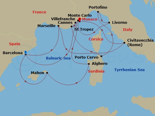 EXPLORA I - 14 Night - An Extended Journey of Cultural Treasures and Glittering Shorelines - EXPLORA I - Starting in Barcelona, Marseille, Porto Cervo (Sardinia), Portofi.. itinerary map