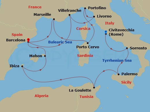 EXPLORA I - 14 Night - An Extended Journey from Italian Gems to Riviera Delights - EXPLORA I - Starting in Civitavecchia (Rome), Sorrento, Palermo (Sicily), Tunis / La Go.. itinerary map