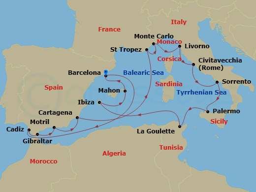 EXPLORA I - 17 Night - An Extended Journey Through Architectural Wonders & Spectacular Landscapes - EXPLORA I - Starting in Barcelona, Cadiz, Gibraltar, Motril, Cartagena.. itinerary map