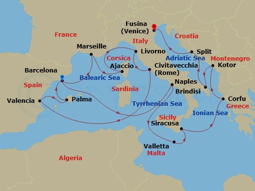 EXPLORA I - 19 Night - An Extended Journey of Sunlit Sophistication & Spectacular Shorelines - EXPLORA I - Starting in Barcelona, Marseille, Ajaccio (Corsica), Livorno (F.. itinerary map