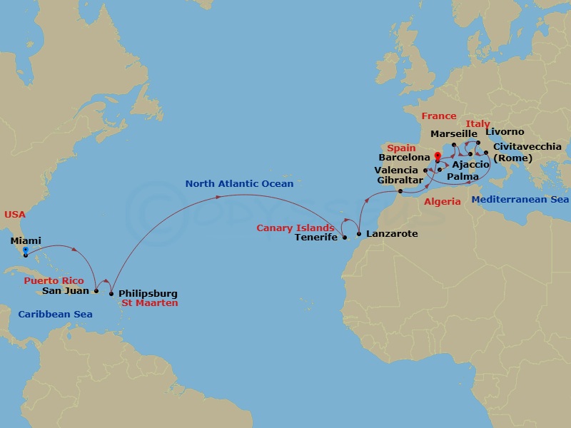 EXPLORA I - 24 Night - A Grand Journey from Tropical Delights to Storied Coastlines & Artistic Allure - EXPLORA I - Starting in Miami, San Juan, St Maarten / Philipsburg,.. itinerary map