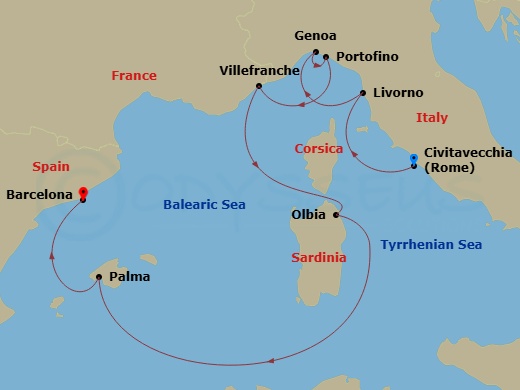 EXPLORA I - 7 Night - A Journey Through Renaissance Scenes & Mediterranean Tranquillity - EXPLORA I - Starting in Civitavecchia (Rome), Livorno (Florence), Genoa, Portofi.. itinerary map