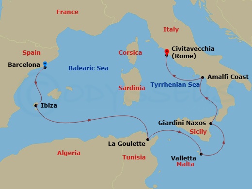 EXPLORA I - 7 Night - A Journey of Iconic Islands & Coastal Wonders - EXPLORA I - Starting in Barcelona, Ibiza, Tunis / La Goulette, La Valletta, Naxos (Taormina), Sicily.. itinerary map