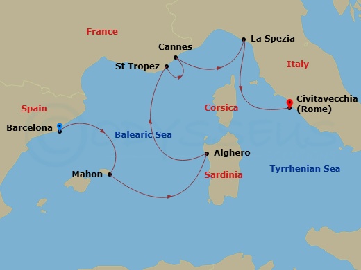 EXPLORA I - 7 Night - A Journey Through Sparkling Bays & Riviera Radiance - EXPLORA I - Starting in Barcelona, Mahon (Menorca), Alghero (Sardinia), Saint-Tropez, Cannes,.. itinerary map