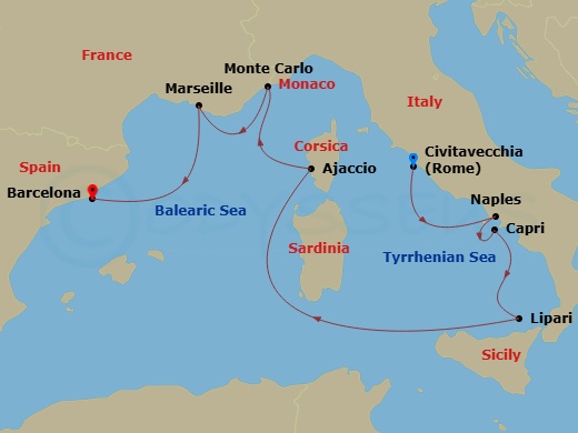 EXPLORA I - 7 Night - A Journey of Spirited Mediterranean Cities & Sunlit Islands - EXPLORA I - Starting in Civitavecchia (Rome), Port of Naples, Capri, Lipari (Aeolian I.. itinerary map