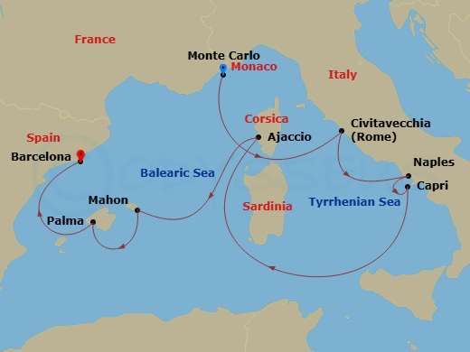 EXPLORA I - 7 Night - A Journey of Cultural Discovery & Enchanting Coastlines - EXPLORA I - Starting in Monte Carlo, Civitavecchia (Rome), Port of Naples, Capri, Ajaccio.. itinerary map