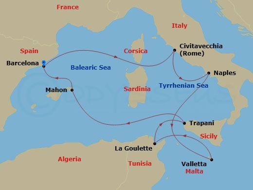 EXPLORA I - 10 Night - A Journey Through Mediterranean Wonders & Ancient Echoes - EXPLORA I - Starting in Barcelona, Civitavecchia (Rome), Port of Naples, La Valletta, Tu.. itinerary map