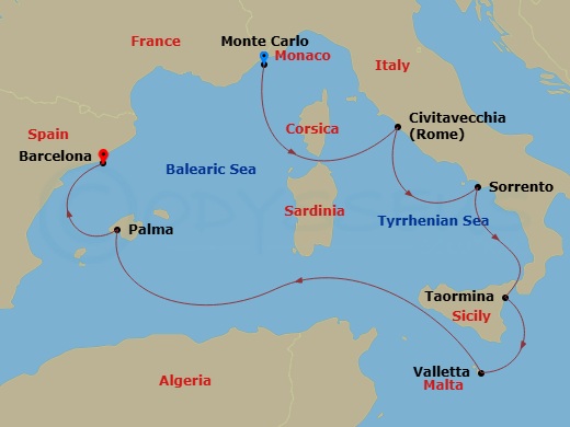 EXPLORA I - 7 Night - A Journey of Historic Splendour & Stunning Landscapes - EXPLORA I - Starting in Monte Carlo, Civitavecchia (Rome), Sorrento, Naxos (Taormina), Sicil.. itinerary map