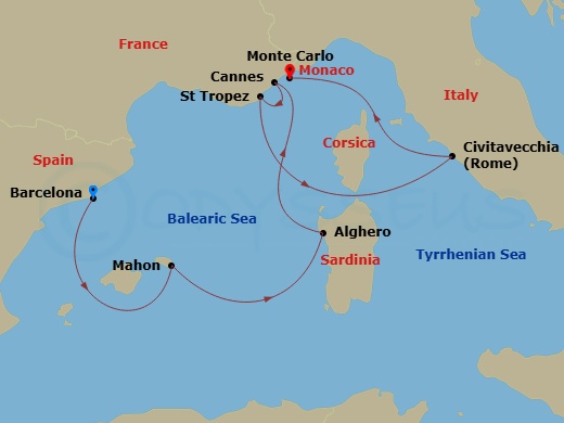 EXPLORA I - 7 Night - A Journey of Authentic Flavours & Glittering Shorelines - EXPLORA I - Starting in Barcelona, Mahon (Menorca), Alghero (Sardinia), Cannes, Saint-Trop.. itinerary map