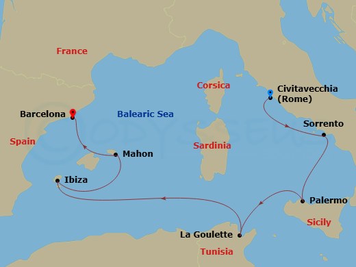 EXPLORA I - 7 Night - A Journey to Italian Hidden Gems & the Heartbeat of Catalan Culture - EXPLORA I - Starting in Civitavecchia (Rome), Sorrento, Palermo (Sicily), Tuni.. itinerary map