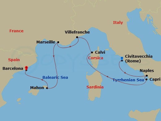 EXPLORA I - 7 Night - A Journey of Shimmering Shores & Timeless Mediterranean Treasures - EXPLORA I - Starting in Civitavecchia (Rome), Port of Naples, Capri, Calvi (Cors.. itinerary map