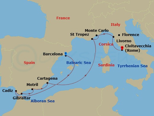 EXPLORA I - 10 Night - A Journey of Unique Architecture Seamlessely Blending Culture & Scenic Beauty - EXPLORA I - Starting in Barcelona, Cadiz, Gibraltar, Motril, Cartag.. itinerary map