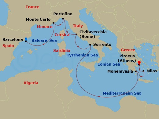 EXPLORA II - 9 Night - A Journey of Golden Coastlines & Ancient Wonders - EXPLORA II - Starting in Barcelona, Monte Carlo, Portofino, Civitavecchia (Rome), Sorrento, Monem.. itinerary map