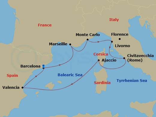 EXPLORA I - 8 Night - A Journey Through Mediterranean Gems & Historic Grandeur - EXPLORA I - Starting in Barcelona, Marseille, Ajaccio (Corsica), Livorno (Florence), Civi.. itinerary map