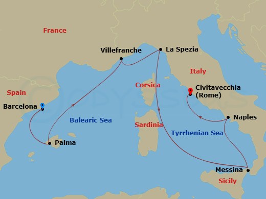 RCL Odyssey of the Seas - 8 Night - Italy, France & Spain Cruise - RCL Odyssey of the Seas - Starting in Barcelona, Spain, Palma De Mallorca, Spain, Nice (Villefranche), France, Floren.. itinerary map